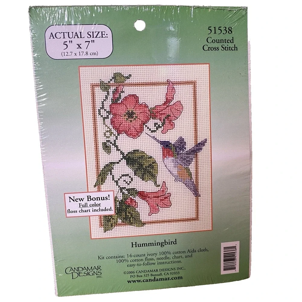 NOS Candamar Counted Cross Stitch Kit 51538 - Hummingbird and Flowers 5x7
